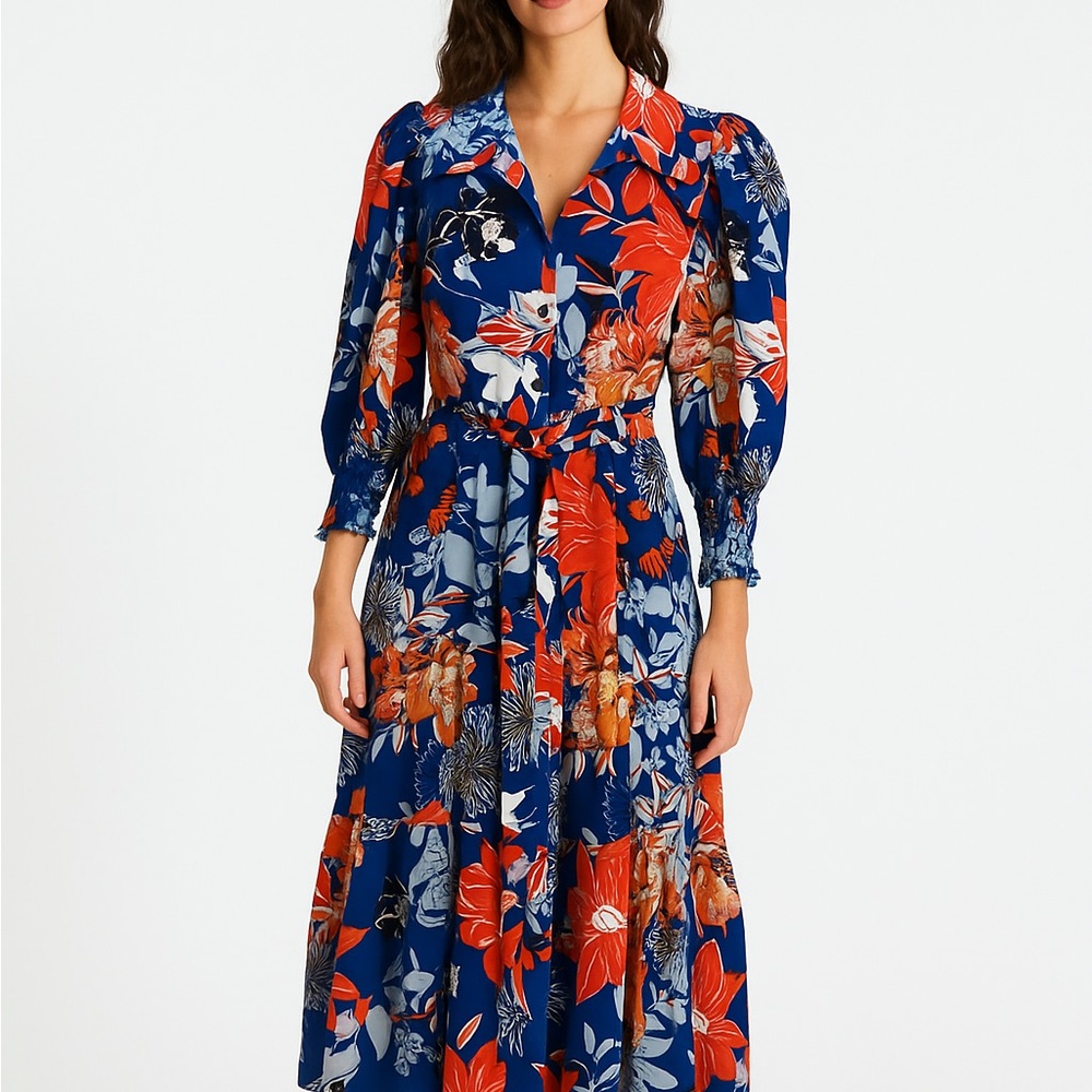 Blue and Floral Print Maxi Tiered Dress, Size 1, fits like M